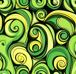 Fototapeta premium A vibrant, retro-groovy patterns featuring swirling lines and circular shapes in shades of green, yellow, and background contrast.