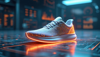 Futuristic running shoe with glowing orange accents sits on digital circuit board. Advanced athletic footwear concept, tech innovation in sports gear. Modern design merges with science.