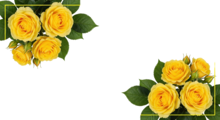 Isolated vibrant yellow rose floral border for spring designs, flower arrangement motif