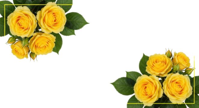 Isolated vibrant yellow rose floral border for spring designs, flower arrangement motif