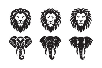Stylized black and white icons of lion and elephant heads