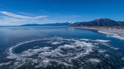 Obraz premium concept illustration of salt lake changing through seasons, from full water coverage to dry salt pans, representing climate impact, resource cycles, and environmental transformation with blank 