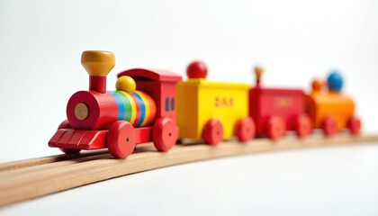 Colorful wooden toy train with rainbow stripes sits on track. Classic plaything for kids encourages imagination, creative fun, and early learning skills.