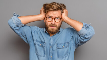 Stressed Man Covering Ears with Hands, Looking Anxious