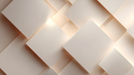 Geometric composition showcases overlapping square shapes in varying shades of beige with illuminated spaces creating soft shadows and visual depth, forming an abstract, elegant design.