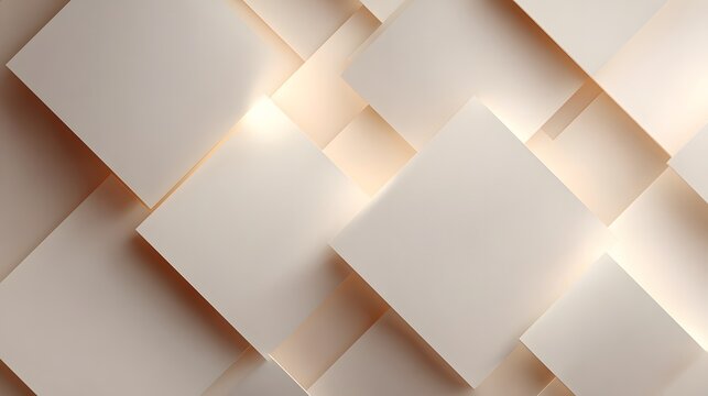 Geometric composition showcases overlapping square shapes in varying shades of beige with illuminated spaces creating soft shadows and visual depth, forming an abstract, elegant design.