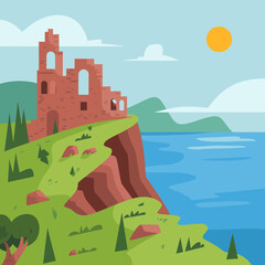 Vector art of ruined castle on a cliff overlooking the sea on a sunny day illustration