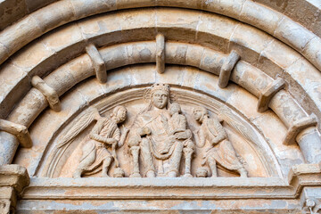 Magnificent Romanesque Sculpture Santa Maria de Vallbona Monastery Lleida Spain 13th Century Medieval Tympanum Detail Virgin and Child