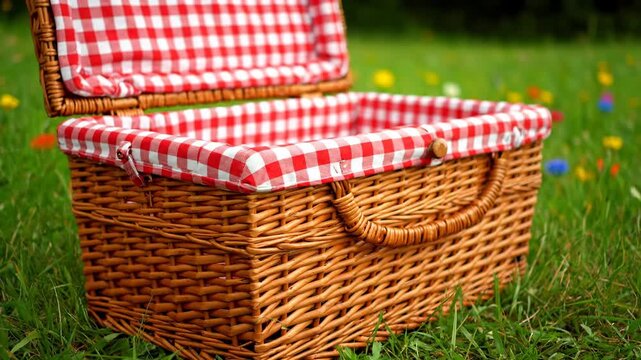 Picnic Basket on Green Grass - A close-up shot of a beautifully crafted wicker picnic basket, lined with red and white gingham fabric.