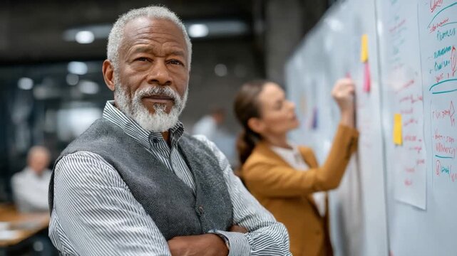 Leadership in Focus: An astute leader, with an experienced gaze, poses with a thoughtful composure near a brainstorming session, evoking a sense of vision, strategy.