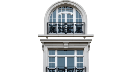 Ornate arched window with balcony on building facade