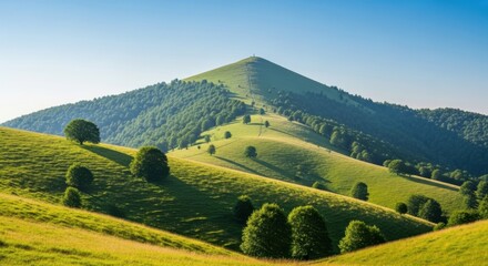 Fototapeta premium Lush green rolling hills and majestic mountain under a clear blue sky