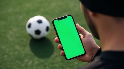 Person holding a smartphone with a green screen on a soccer field - Powered by Adobe