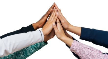 Isolated image showing diverse group of hands together doing a celebratory high five