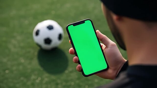 Person holding a smartphone with a green screen on a soccer field - Powered by Adobe