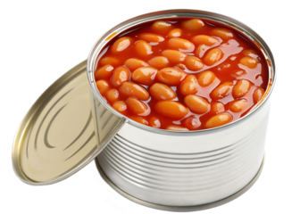 A full can of baked beans in tomato sauce open and ready to serve isolated on transparent background