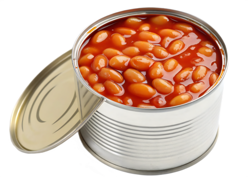 A full can of baked beans in tomato sauce open and ready to serve isolated on transparent background