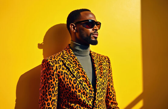 Stylish black man in sunglasses poses. He wears leopard print jacket and grey turtleneck against vibrant yellow background. Portrait captures confident fashionable look.