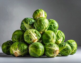 Obraz premium Fresh green Brussels sprouts piled on a gray surface ready for cooking or serving at a meal