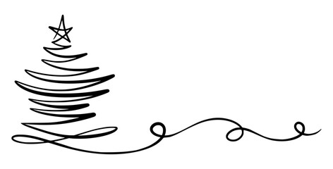 Merry Christmas Border Decoration. Continuous One Line Art, Vector Drawing. Isolated Hand Drawn Outline Curly Flourishes, Long Horizontal Banner