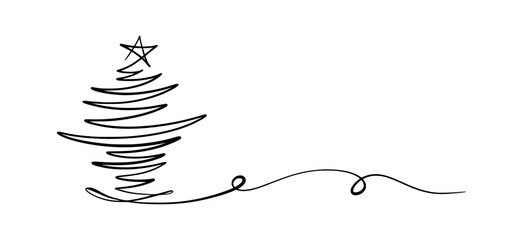 Merry Christmas Border Decoration. Continuous One Line Art, Vector Drawing. Isolated Hand Drawn Outline Curly Flourishes, Long Horizontal Banner