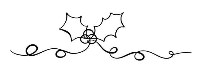 Merry Christmas Border Decoration. Continuous One Line Art, Vector Drawing. Isolated Hand Drawn Outline Curly Flourishes, Long Horizontal Banner