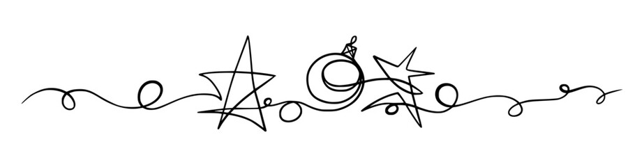 Merry Christmas Border Decoration. Continuous One Line Art, Vector Drawing. Isolated Hand Drawn Outline Curly Flourishes, Long Horizontal Banner