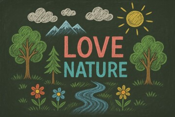 Fototapeta premium Chalk drawing of a forest with a river and mountains in the background. The words 