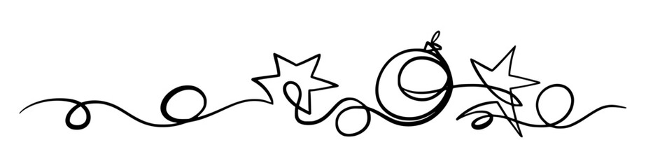 Merry Christmas Border Decoration. Continuous One Line Art, Vector Drawing. Isolated Hand Drawn Outline Curly Flourishes, Long Horizontal Banner