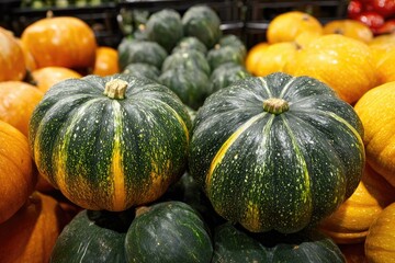 Close-up of green kabocha and various other colorful pumpkins in a market