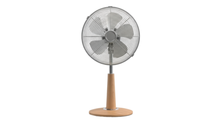 Isolated silver floor fan with wood accents and three blades for air circulation in home