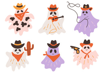 Cute Cowboy Ghost Cartoon Halloween Illustration