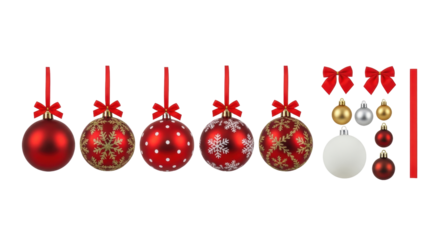 Isolated decorative Christmas ornament baubles with ribbons and bows in a variety of colors