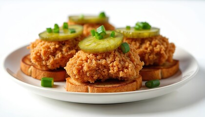 Crispy fried chicken pieces on toasted bread with pickle slices and green onions. Comfort food with savory and spicy flavors. Delicious dish for lunch or dinner.