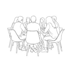 Group of people sitting around table in meeting, line art