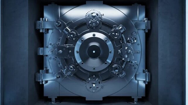 Gleaming Vault Door - A close-up of a gleaming, highly detailed vault door with intricate mechanical gears.