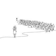 Mother and child walking away from crowd, line art illustration