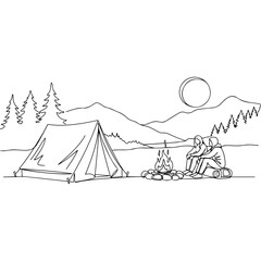Couple camping near campfire with tent and mountain landscape