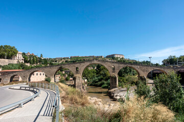 Ancient Romanesque and Gothic Pont Vell Bridge Manresa Barcelona Spain 14th Century Stone Arch Structure and Civil Engineering Monument