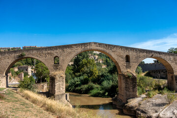 Ancient Romanesque and Gothic Pont Vell Bridge Manresa Barcelona Spain 14th Century Stone Arch Structure Over Cardener River