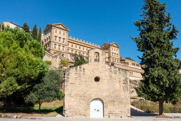 Ancient Sant Marc Church Manresa Barcelona Spain Medieval Stone Facade and Neoclassical Sant Ignasi Sanctuary Backdrop