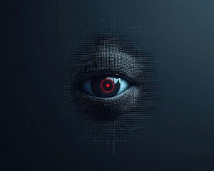 Floating eye icon with red alert dot, network surveillance concept