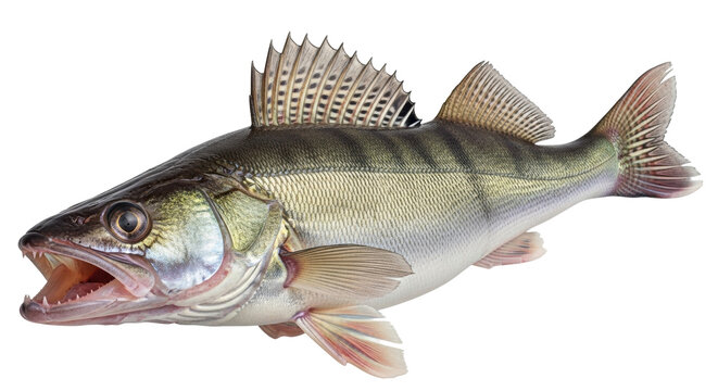 Isolated walleye fish predator with teeth, a freshwater perciform fish with light eyes
