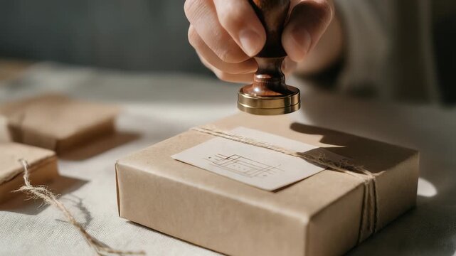 Person presses wax seal stamp onto brown paper wrapped package, highlighting secure delivery, authenticity, vintage packaging, traditional methods for sending gifts, documents, or correspondence