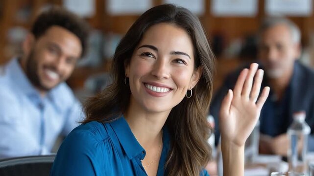 Friendly Greeting in the Meeting: A charming professional, radiating warmth, waves hello during a team meeting.