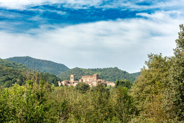 Magnificent Medieval Santa Pau Village Gerona Spain 13th Century Castle and Old Town on Volcanic Garrotxa Landscape