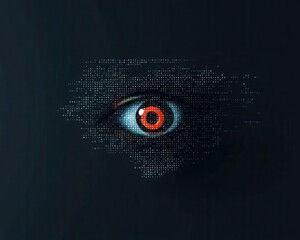 Floating eye icon with red alert dot, network surveillance concept