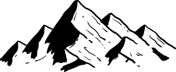 Mountains, peaks, hand-drawn bold ink sketch of jagged mountain range in classic style. Suits nature designs or travel themes. © Taras