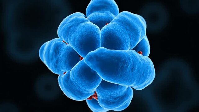 Virus Cell Surrounded by Immune Cells - A microscopic view showcases a red virus cell encircled by vibrant blue immune cells, illustrating the body's defense mechanism.