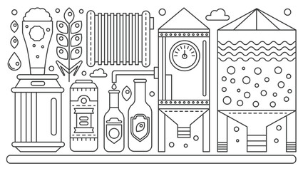 Obraz premium Brewery production line with beer glass, bottles, cans, tanks, and hops depicted in a clean linear style, ideal for craft beer and brewing concepts vector illustration